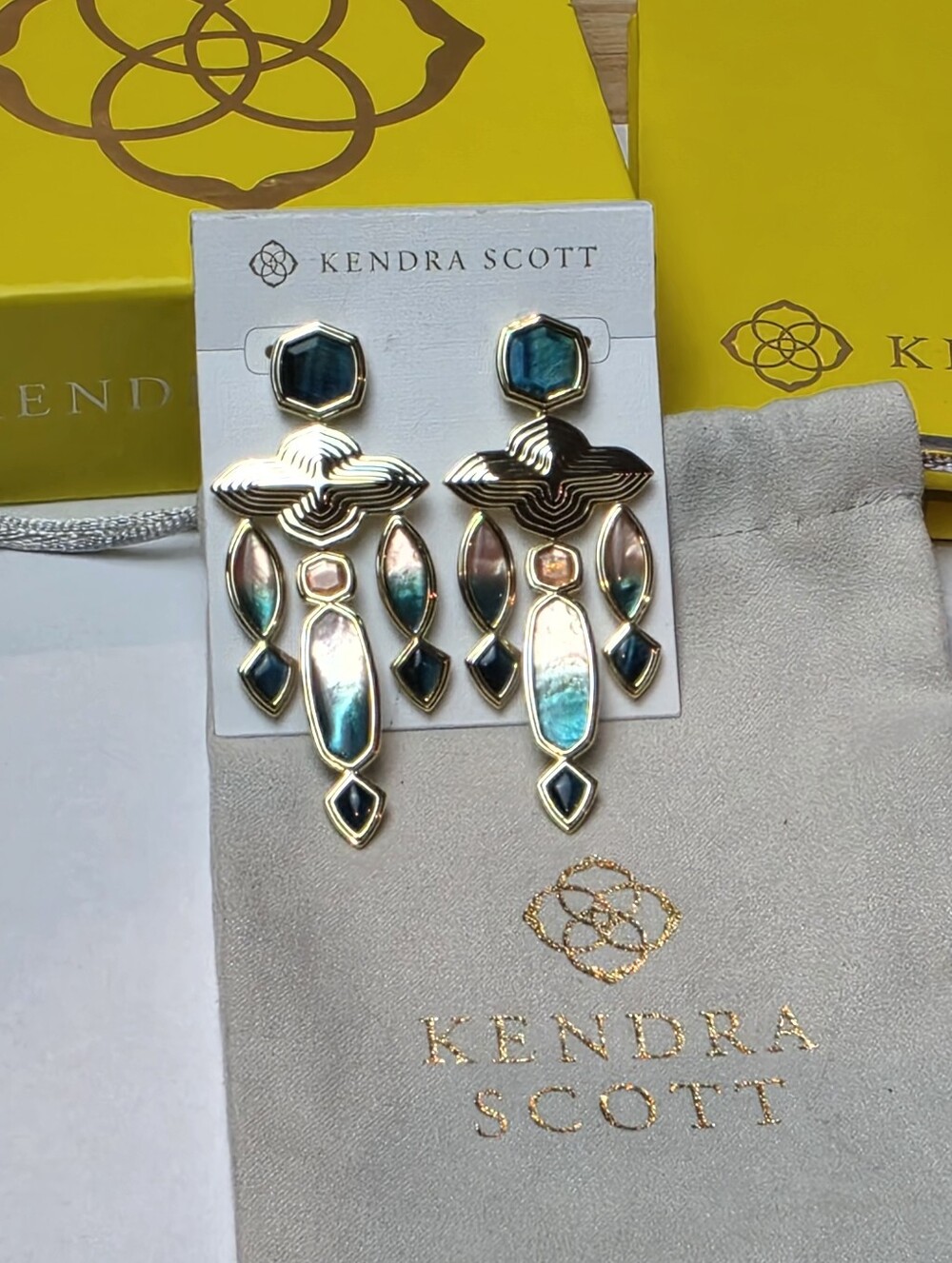 Kendra Scott Monica Statement Earrings Gold Teal Mix Geometric Chandelier NEW - Picture 6 of 8